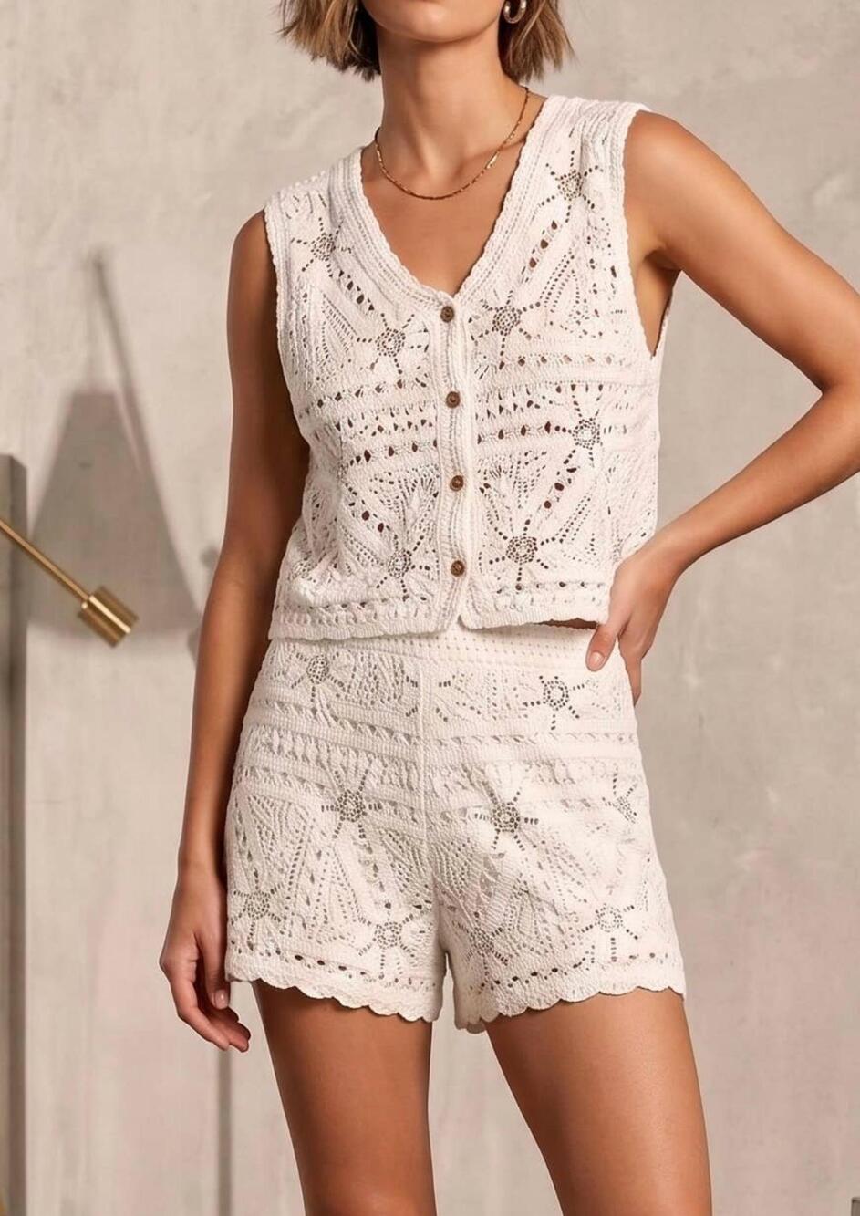 NEW VAV NEW YORK crochet lace two-piece short set in white
